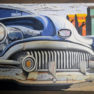 Duane Wright painting “52 Special,” showing the silver grille of a blue classic car