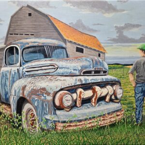 Duane Wright painting “Blue Rusty Truck,” showing a weathered blue truck and a figure in a green hat