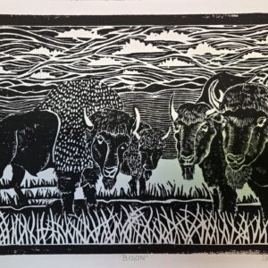 Duane Wright artwork “Bison,” showing a herd of bison in black and white