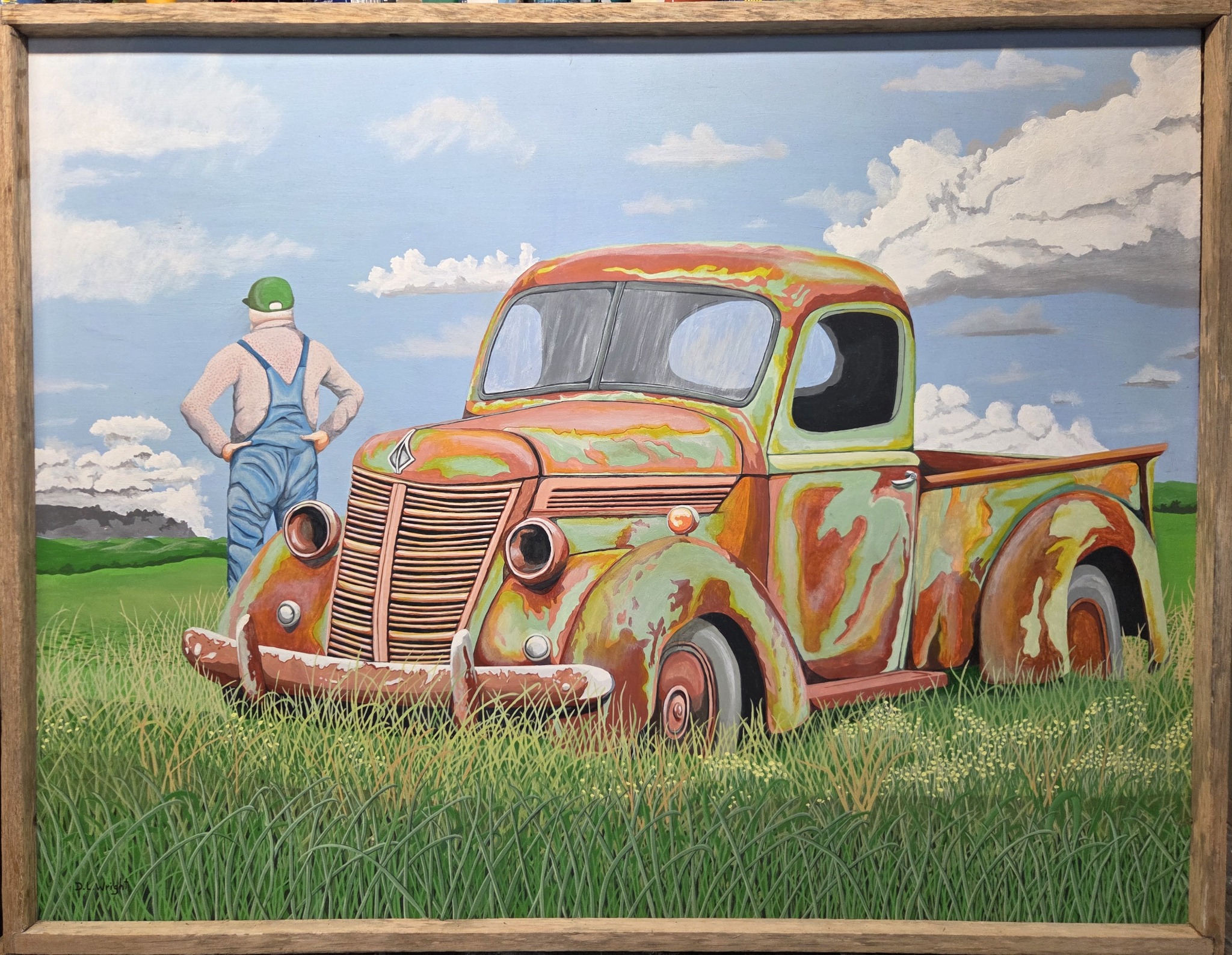 Duane Wright painting “Storm Coming,” featuring a farmer beside a truck beneath a dramatic sky